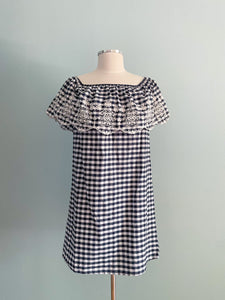 FOREVER 21 Cotton A-line Gingham Embroided Ruffle Sleeve Size L
